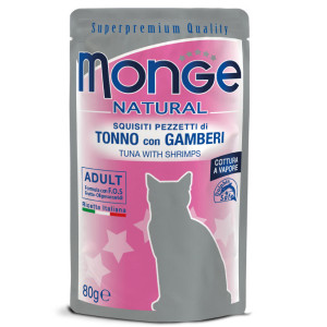 MONGE CAT NATURAL POUCHES TUNA konservi kaķiem Tuncis, garneles 80g